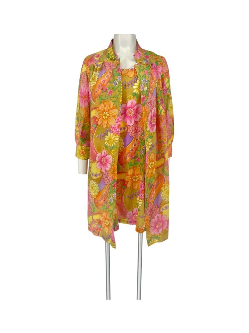 Vintage 1960s Saks Fifth Avenue Floral Peignoir Matched Set Robe Nightgown S Mod